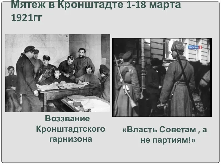 Мятеж в Кронштадте 1-18 марта 1921гг Воззвание Кронштадтского гарнизона «Власть Советам , а не партиям!»