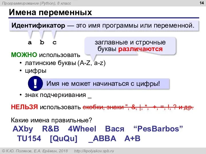 Имена переменных Идентификатор — это имя программы или переменной. a b c