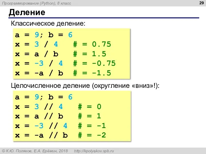 Деление Классическое деление: a = 9; b = 6 x = 3