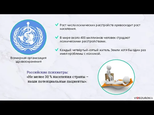 Всемирная организация здравоохранения Российские психиатры: «Не менее 30 % населения страны – наши потенциальные пациенты».