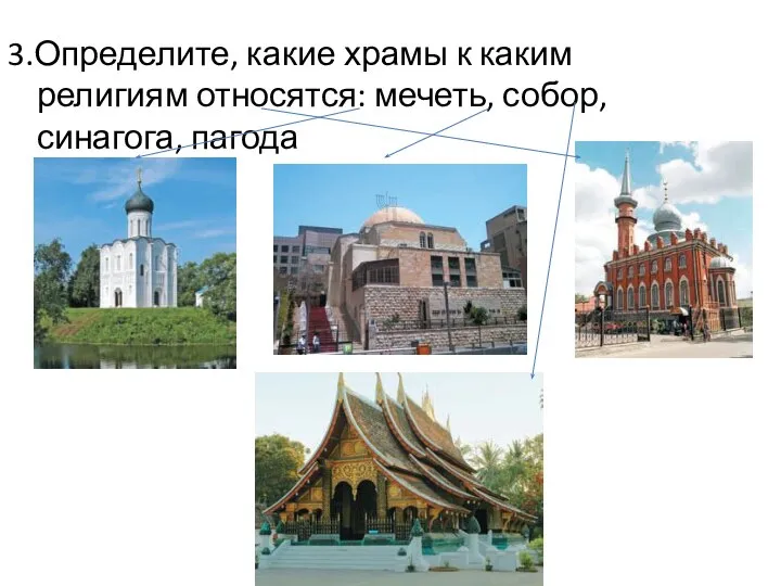 3.Определите, какие храмы к каким религиям относятся: мечеть, собор, синагога, пагода