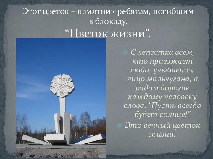 Этот цветок – памятник ребятам, погибшим в блокаду. “Цветок жизни”. С лепестка