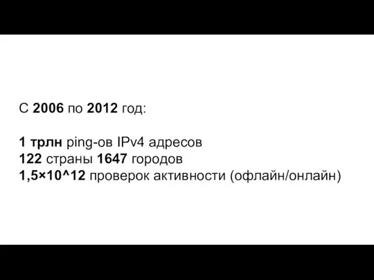 С 2006 по 2012 год: 1 трлн ping-ов IPv4 адресов 122 страны