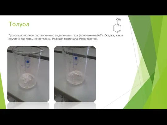 Толуол Произошло полное растворение с выделением газа (приложение №7). Осадка, как в