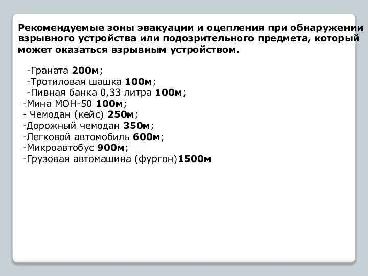 Рекомендуемые зоны эвакуации и оцепления при обнаружении взрывного устройства или подозрительного предмета,