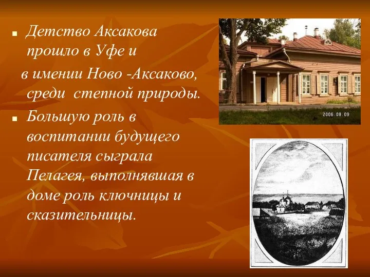 Детство Аксакова прошло в Уфе и в имении Ново -Аксаково, среди степной