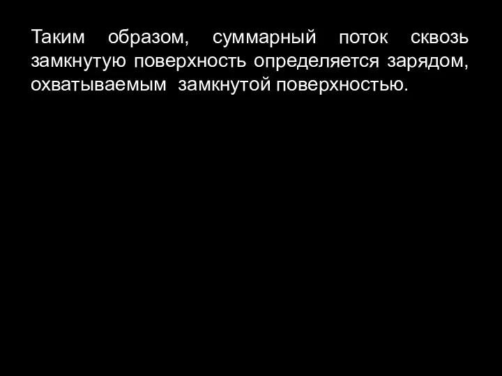 Таким образом, суммарный поток сквозь замкнутую поверхность определяется зарядом, охватываемым замкнутой поверхностью.