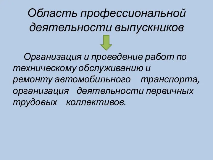 Область профессиональной деятельности выпускников Организация и проведение работ по техническому обслуживанию и