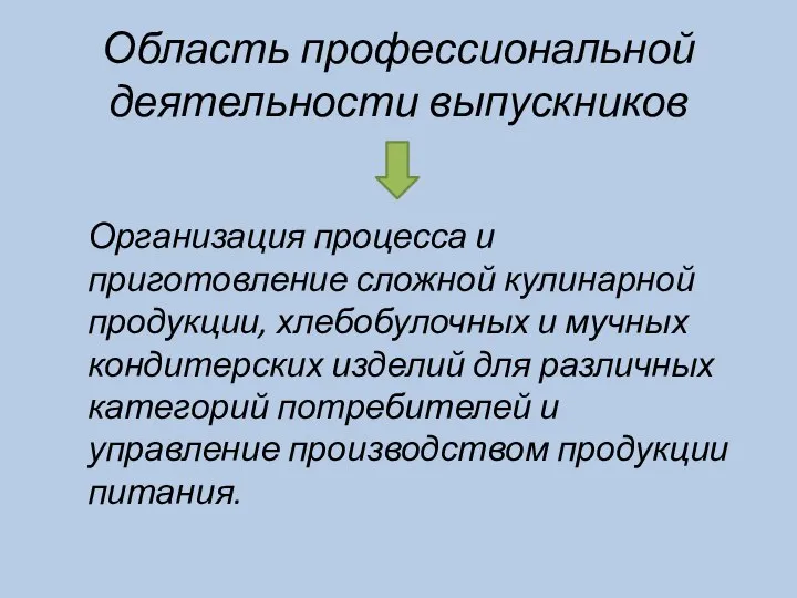 Область профессиональной деятельности выпускников Организация процесса и приготовление сложной кулинарной продукции, хлебобулочных