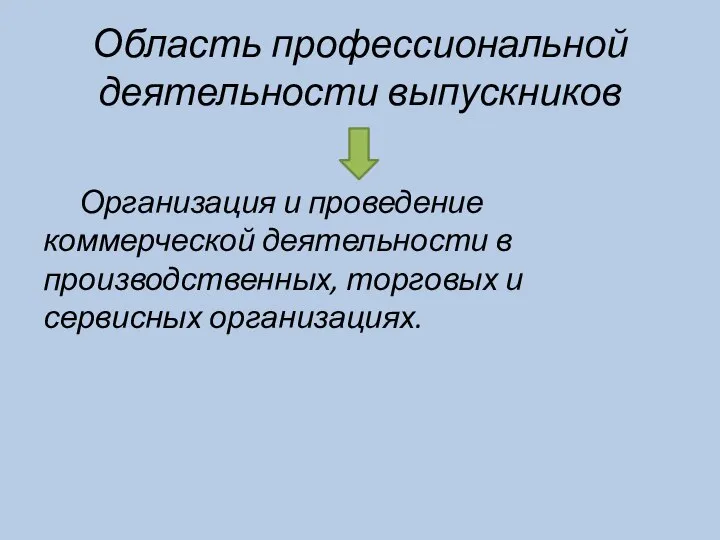 Область профессиональной деятельности выпускников Организация и проведение коммерческой деятельности в производственных, торговых и сервисных организациях.