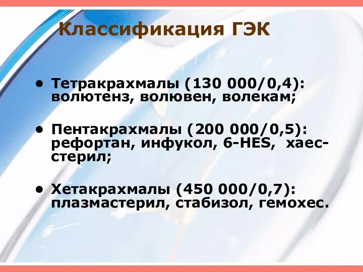 Классификация ГЭК Тетракрахмалы (130 000/0,4): волютенз, волювен, волекам; Пентакрахмалы (200 000/0,5): рефортан,