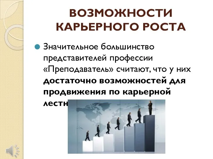 ВОЗМОЖНОСТИ КАРЬЕРНОГО РОСТА Значительное большинство представителей профессии «Преподаватель» считают, что у них