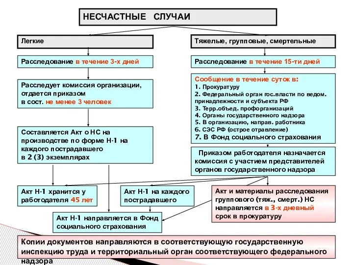 Легкие Тяжелые, групповые, смертельные Расследование в течение 3-х дней Расследование в течение