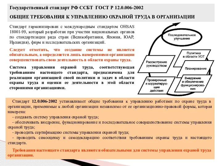 Государственный стандарт РФ ССБТ ГОСТ Р 12.0.006-2002 ОБЩИЕ ТРЕБОВАНИЯ К УПРАВЛЕНИЮ ОХРАНОЙ