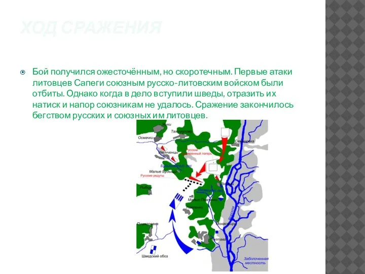 ХОД СРАЖЕНИЯ Бой получился ожесточённым, но скоротечным. Первые атаки литовцев Сапеги союзным