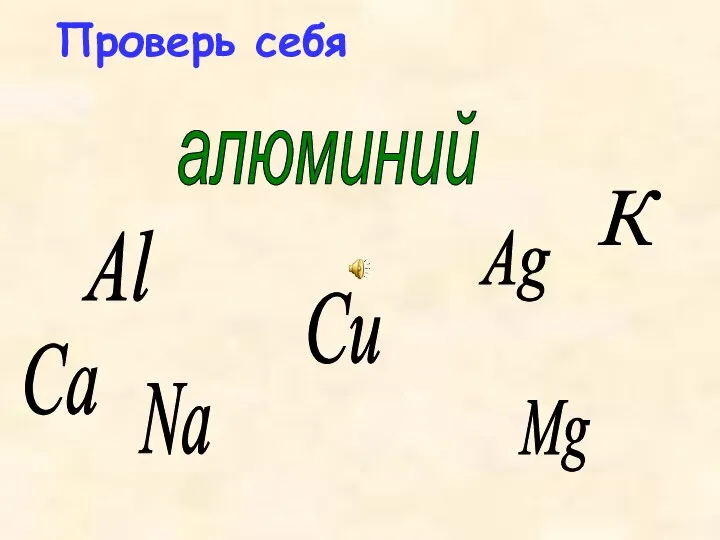 Проверь себя Ag Mg Na Сu Al алюминий К Са