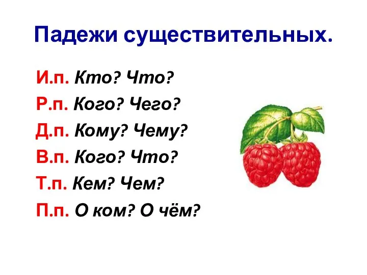 Падежи существительных. И.п. Кто? Что? Р.п. Кого? Чего? Д.п. Кому? Чему? В.п.