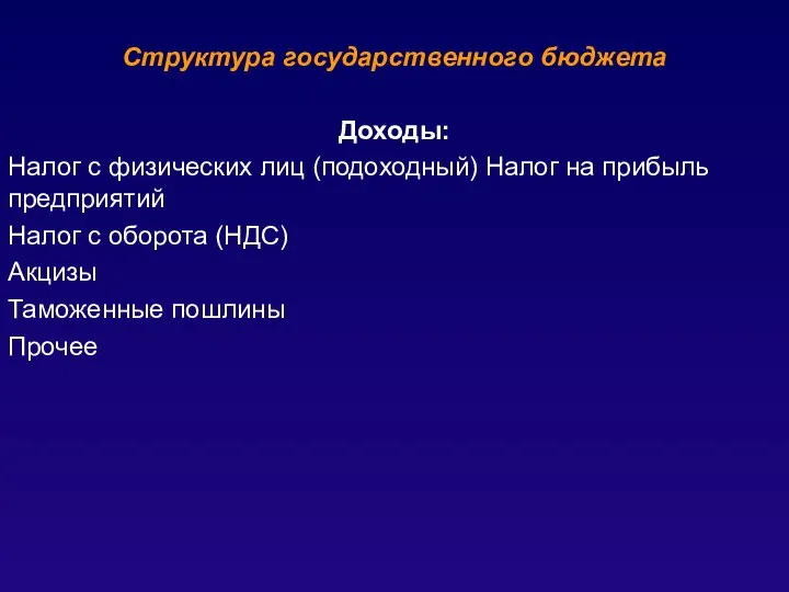 Структура государственного бюджета Доходы: Налог с физических лиц (подоходный) Налог на прибыль