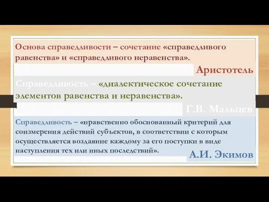 Справедливость – «нравственно обоснованный критерий для соизмерения действий субъектов, в соответствии с