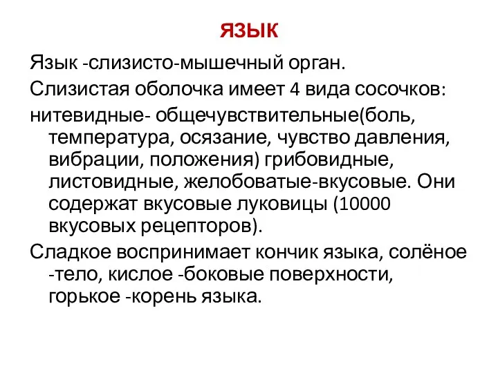 ЯЗЫК Язык -слизисто-мышечный орган. Слизистая оболочка имеет 4 вида сосочков: нитевидные- общечувствительные(боль,