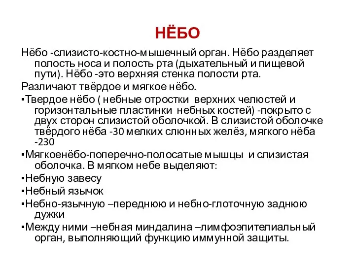 НЁБО Нёбо -слизисто-костно-мышечный орган. Нёбо разделяет полость носа и полость рта (дыхательный