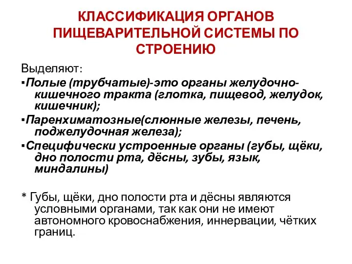 КЛАССИФИКАЦИЯ ОРГАНОВ ПИЩЕВАРИТЕЛЬНОЙ СИСТЕМЫ ПО СТРОЕНИЮ Выделяют: ▪Полые (трубчатые)-это органы желудочно-кишечного тракта