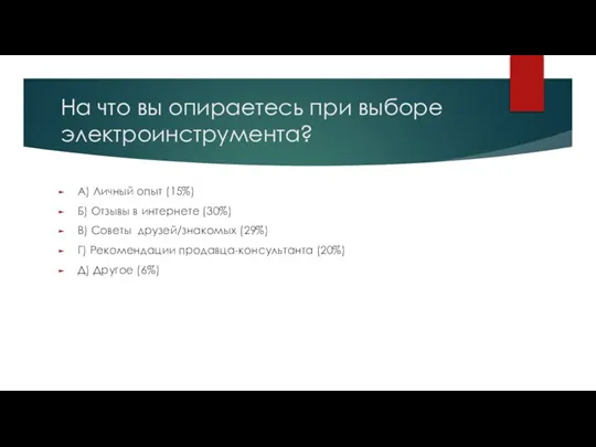 На что вы опираетесь при выборе электроинструмента? А) Личный опыт (15%) Б)