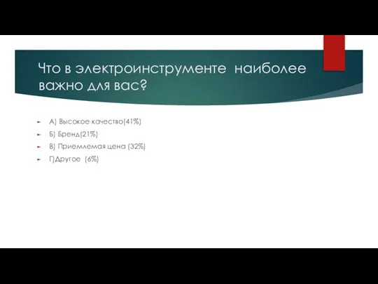 Что в электроинструменте наиболее важно для вас? А) Высокое качество(41%) Б) Бренд(21%)