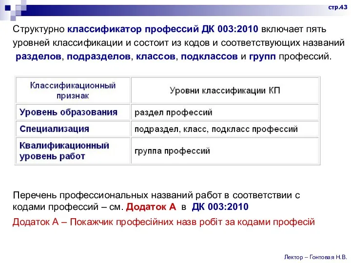 Структурно классификатор профессий ДК 003:2010 включает пять уровней классификации и состоит из