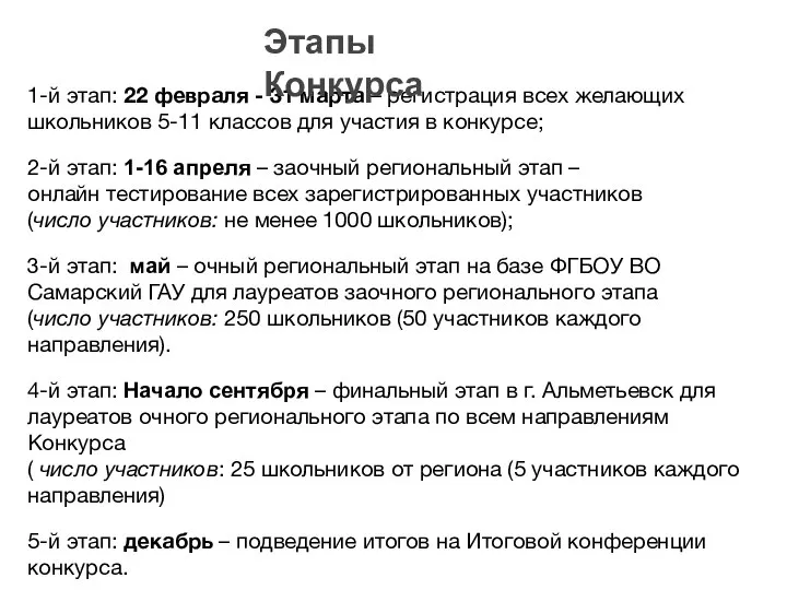 1-й этап: 22 февраля - 31 марта – регистрация всех желающих школьников