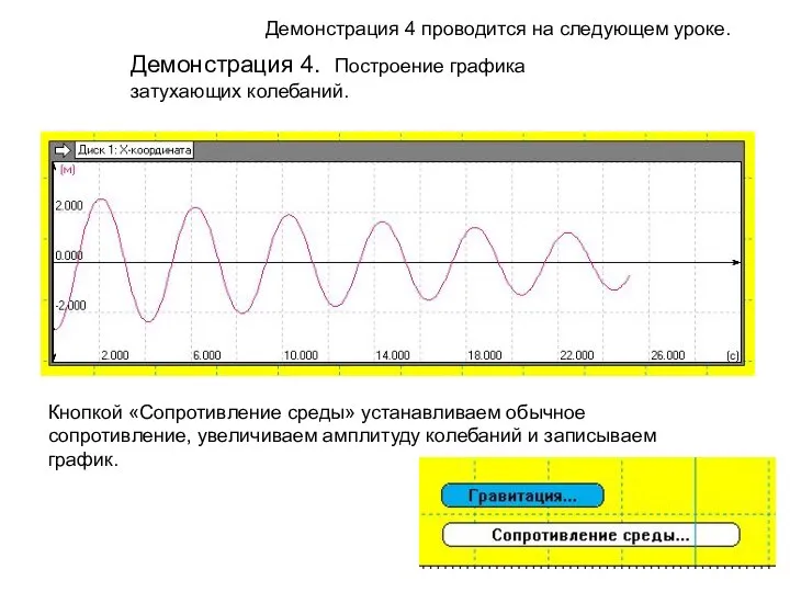 Демонстрация 4 проводится на следующем уроке. Демонстрация 4. Построение графика затухающих колебаний.