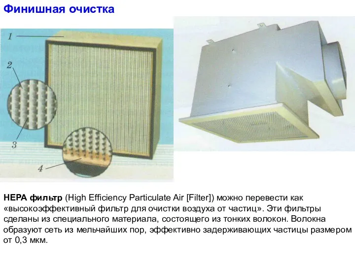 Финишная очистка HEPA фильтр (High Efficiency Particulate Air [Filter]) можно перевести как