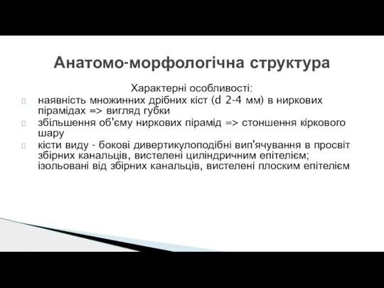 Характерні особливості: наявність множинних дрібних кіст (d 2-4 мм) в ниркових пірамідах