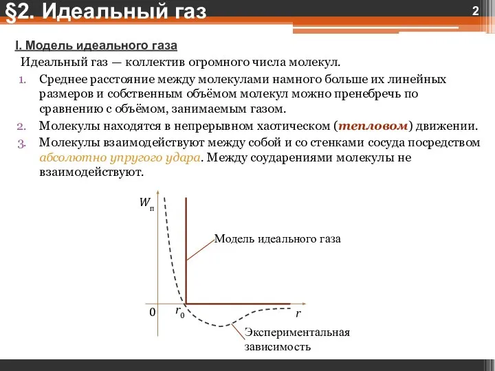 I. Модель идеального газа Идеальный газ — коллектив огромного числа молекул. Среднее