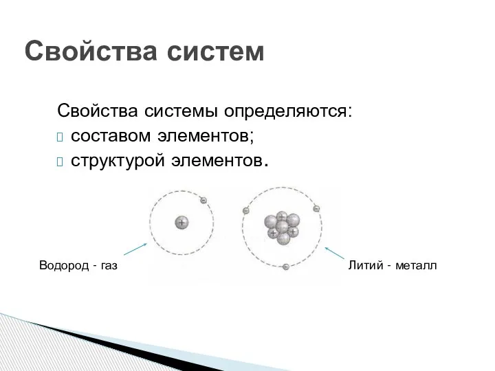 Свойства систем Свойства системы определяются: составом элементов; структурой элементов. Водород - газ Литий - металл