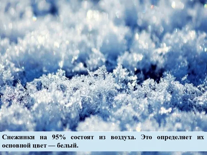 Снежинки на 95% состоят из воздуха. Это определяет их основной цвет — белый.