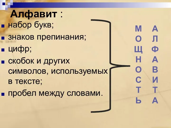 Алфавит : набор букв; знаков препинания; цифр; скобок и других символов, используемых