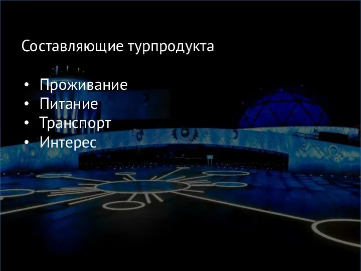 Составляющие турпродукта Проживание Питание Транспорт Интерес