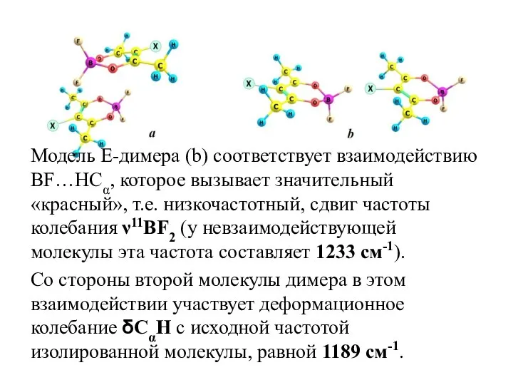 Модель E-димера (b) соответствует взаимодействию BF…HCα, которое вызывает значительный «красный», т.е. низкочастотный,