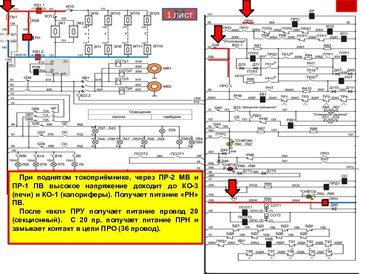 При поднятом токоприёмнике, через ПР-2 МВ и ПР-1 ПВ высокое напряжение доходит