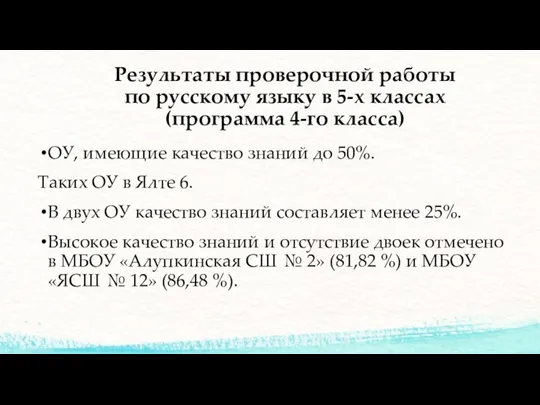 ОУ, имеющие качество знаний до 50%. Таких ОУ в Ялте 6. В