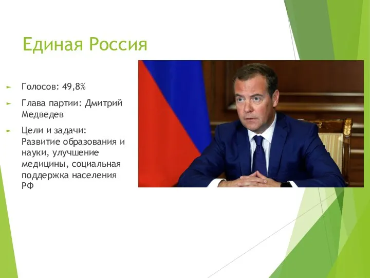 Единая Россия Голосов: 49,8% Глава партии: Дмитрий Медведев Цели и задачи: Развитие