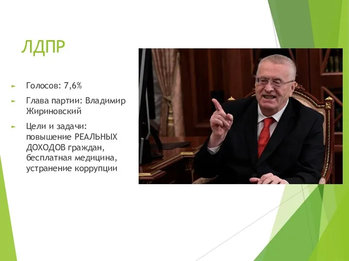 ЛДПР Голосов: 7,6% Глава партии: Владимир Жириновский Цели и задачи: повышение РЕАЛЬНЫХ