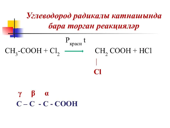 Углеводород радикалы катнашында бара торган реакцияләр Pкрасн t CH3-COOH + Cl2 CH2