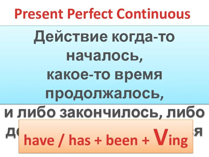 Present Perfect Continuous Действие когда-то началось, какое-то время продолжалось, и либо закончилось,