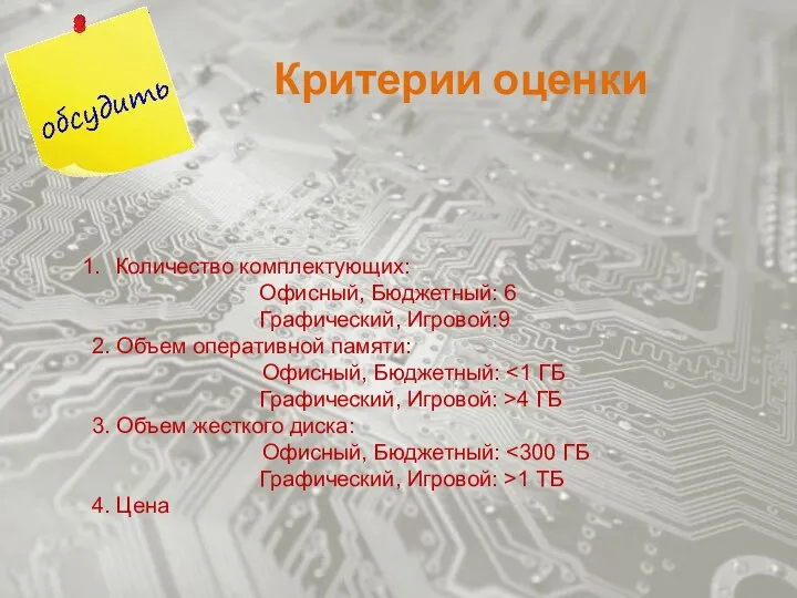 Критерии оценки Количество комплектующих: Офисный, Бюджетный: 6 Графический, Игровой:9 2. Объем оперативной