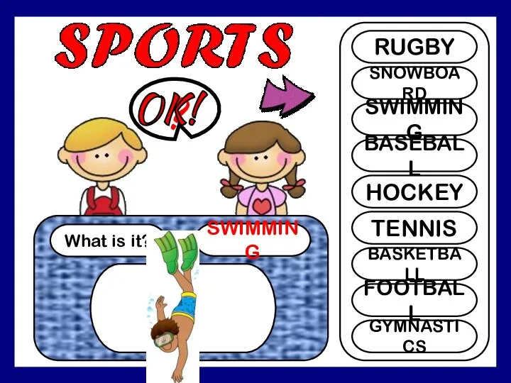 SHI What is it? SWIMMING ? RUGBY SNOWBOARD SWIMMING BASEBALL HOCKEY TENNIS BASKETBALL FOOTBALL GYMNASTICS OK!