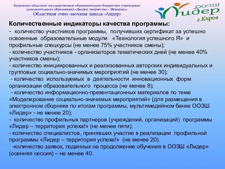 г.Киров Кировское областное государственное образовательное бюджетное учреждение дополнительного образования «Дворец творчества –