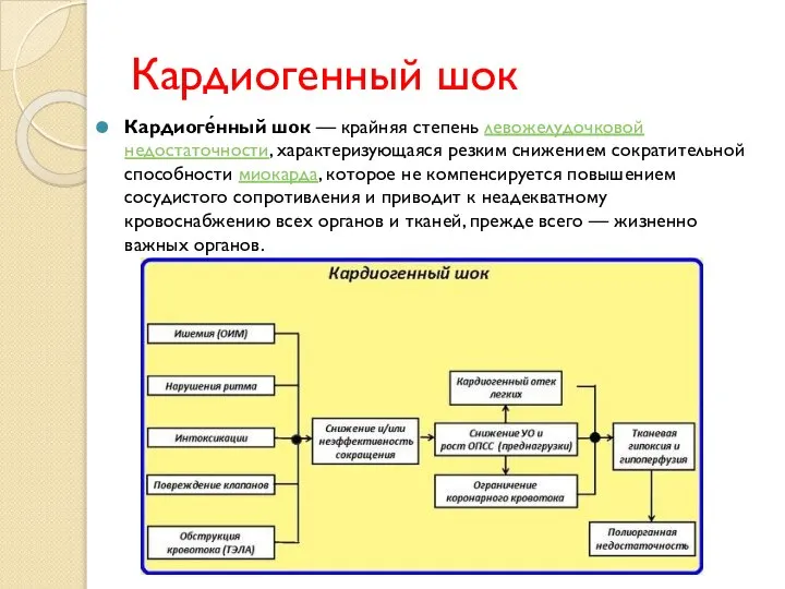 Кардиогенный шок Кардиоге́нный шок — крайняя степень левожелудочковой недостаточности, характеризующаяся резким снижением