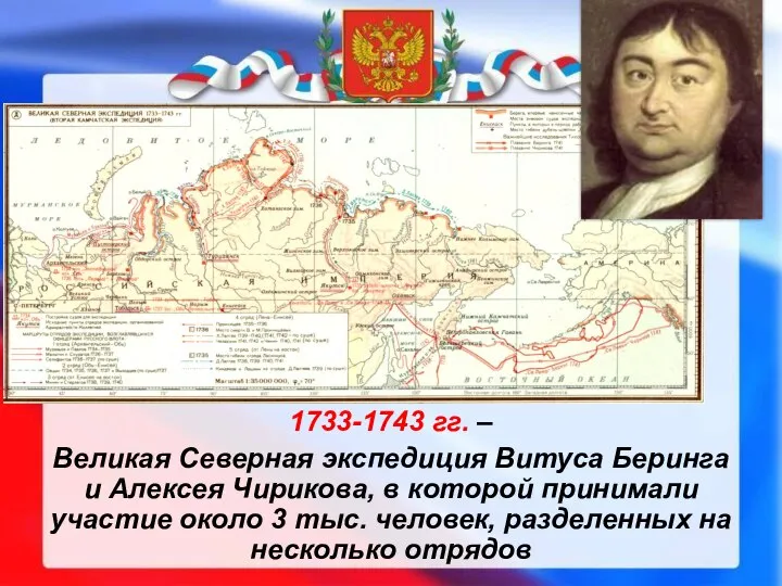 1733-1743 гг. – Великая Северная экспедиция Витуса Беринга и Алексея Чирикова, в